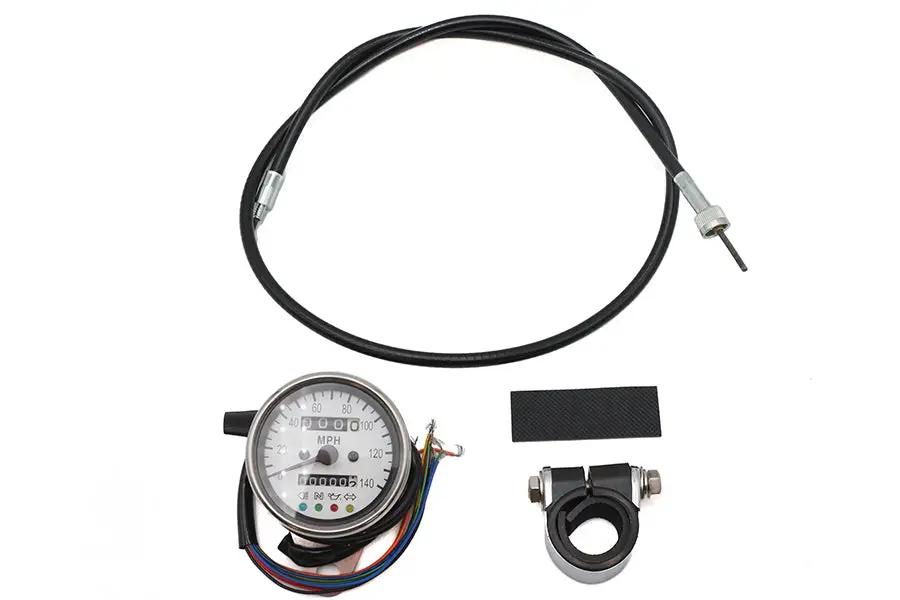 V-Twin Mini 60mm Speedometer with 2:1 Ratio – 38-1/2 Inch Black Speedometer Cable and LED Indicators by V-Twin