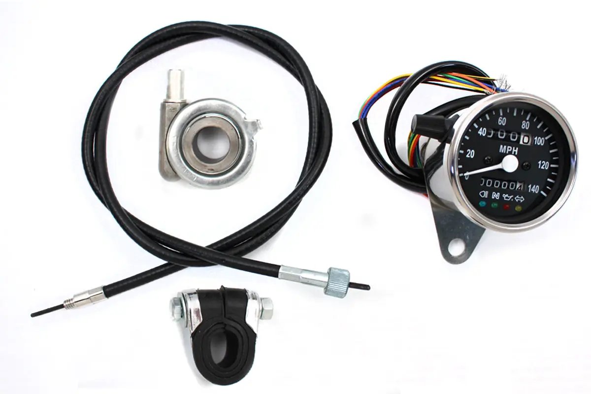 V-Twin Mini 60mm Speedometer with 2:1 Ratio – Black Face with LED Indicators by V-Twin