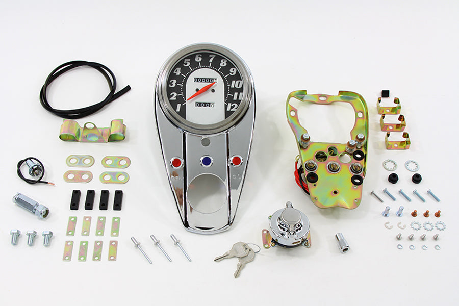 V-Twin Chrome Three Light Dash Panel Kit with 1:1 Ratio Speedometer – Part 39-0908