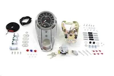V-Twin Chrome Three Light Dash Panel Kit with 1:1 Ratio Speedometer for Harley Davidson FLH Models by V-Twin