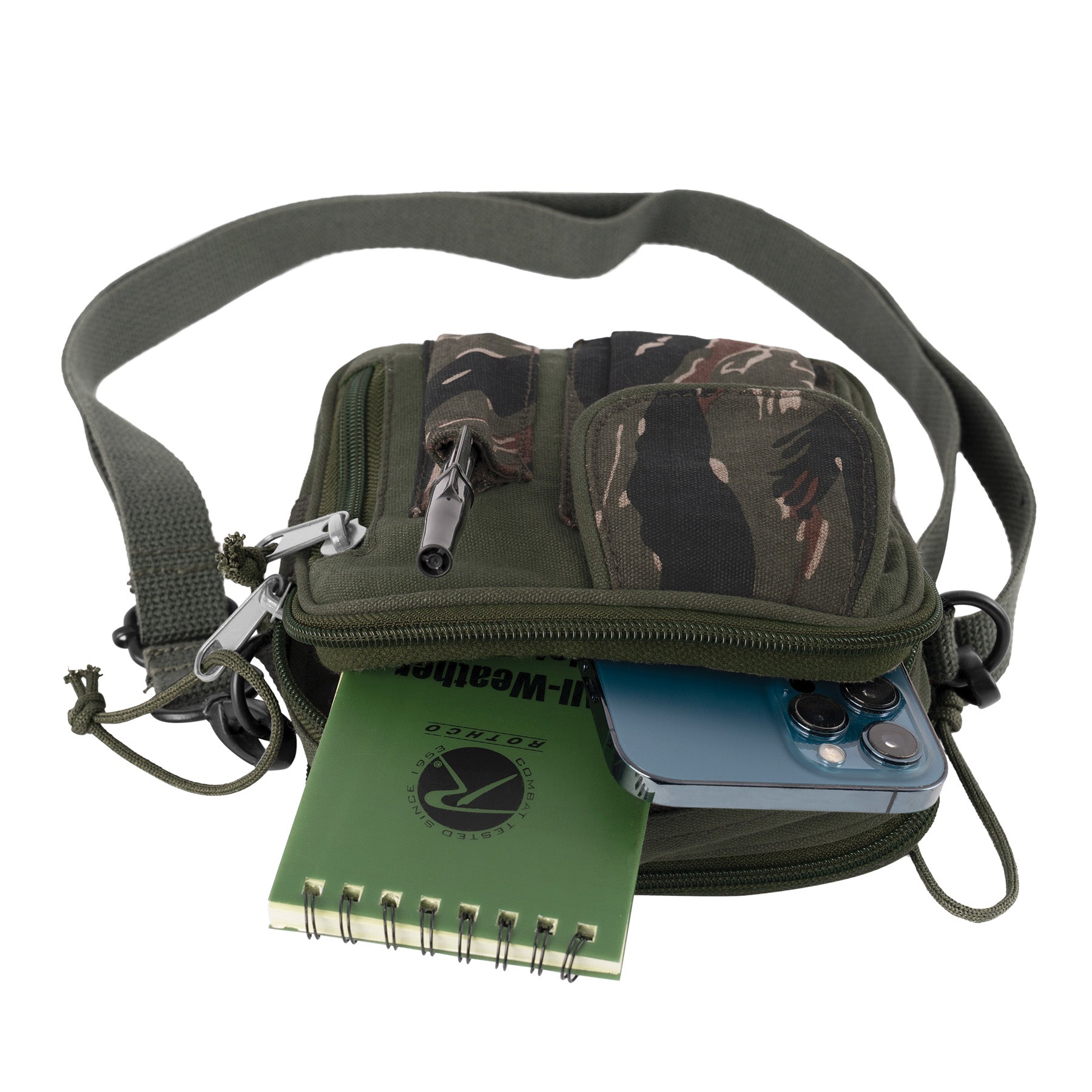 Rothco Excursion Organizer Shoulder Bag Green / Tiger Stripe - Compact Outdoor Crossbody with Multiple Storage Compartments