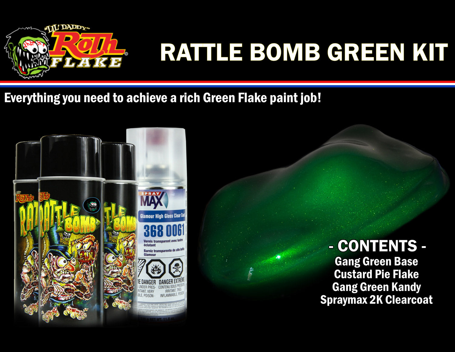 Rattle Bomb Green Spray Kit (Part Number RBKIT-GRN) for Motorcycle Fenders and Tank