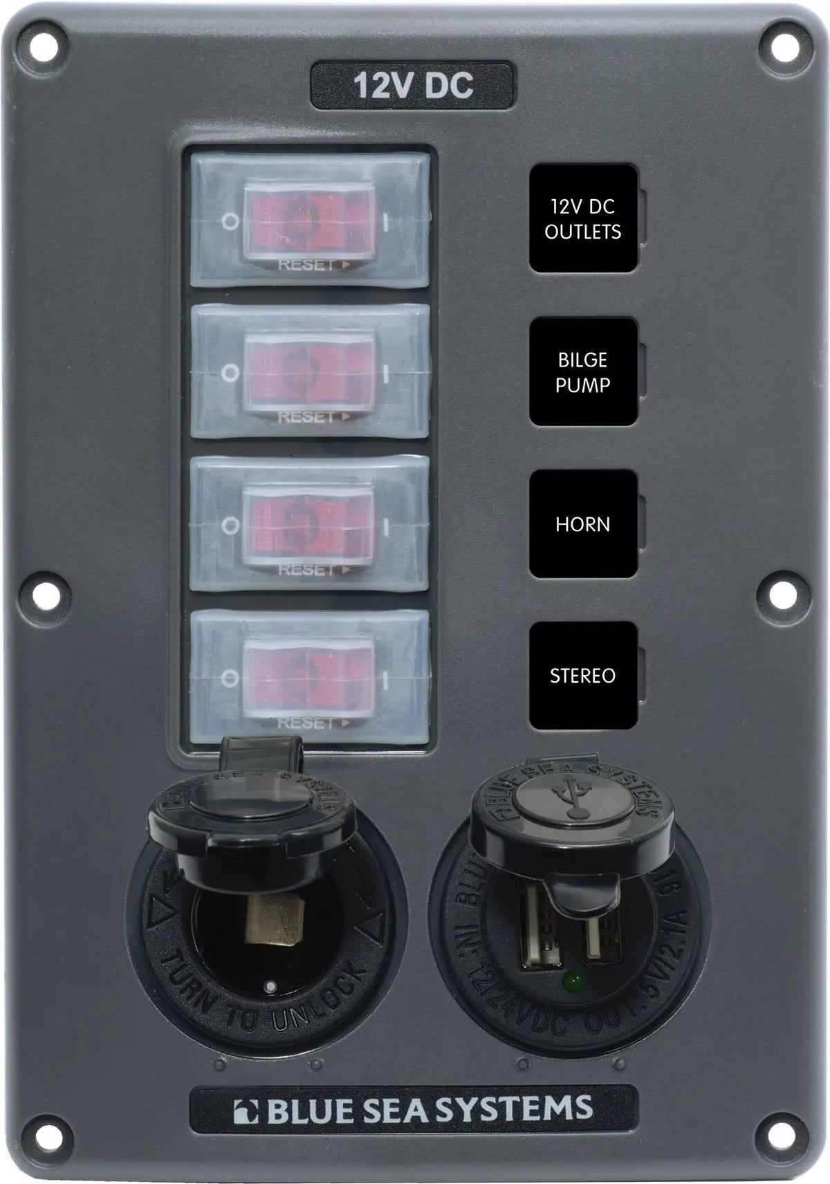 Blue Sea Systems 4321-BSS Water-Resistant 12V 4-Circuit Breaker Switch Panel with USB and 12V Socket