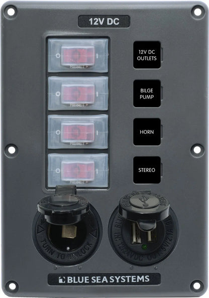 Blue Sea Systems 4321-BSS Water-Resistant 12V 4-Circuit Breaker Switch Panel with USB and 12V Socket