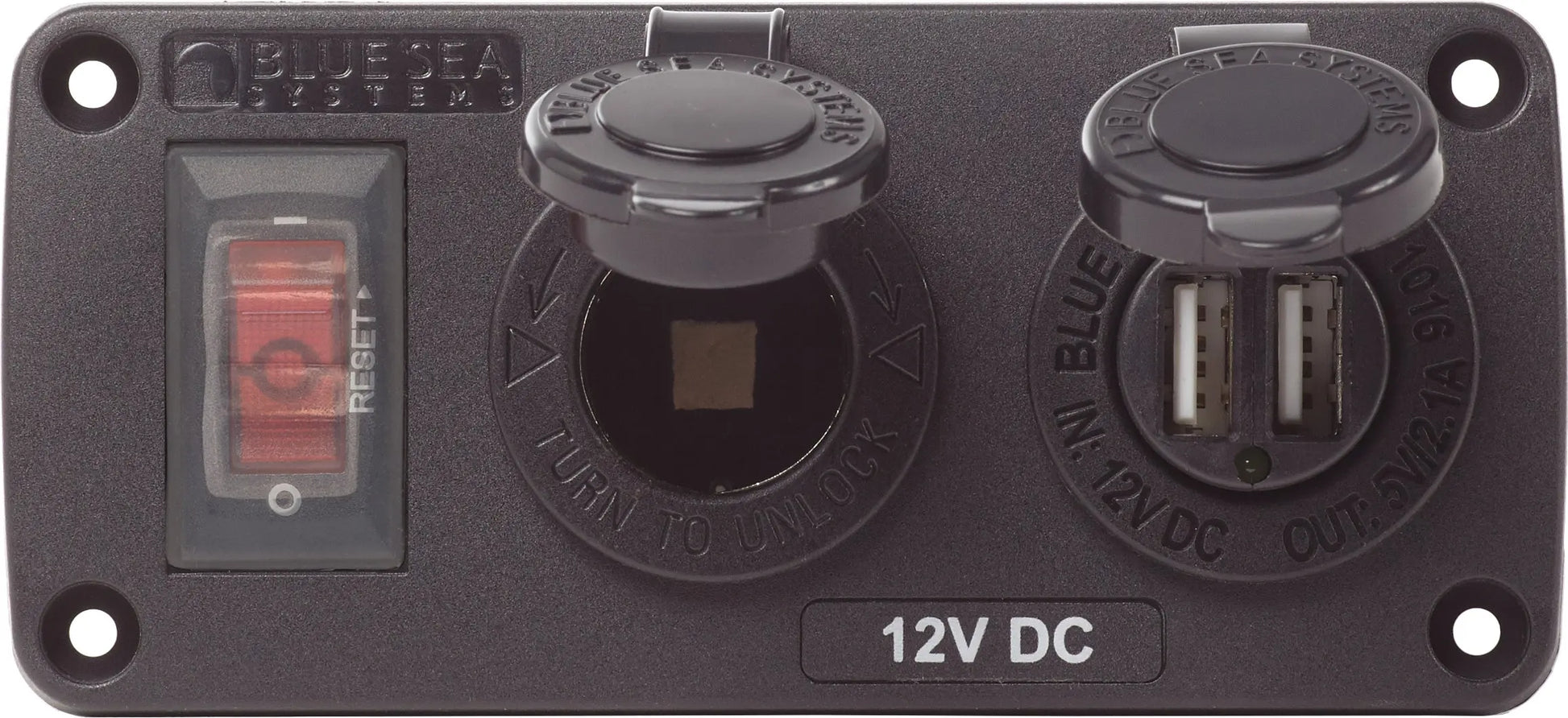 Blue Sea Systems Water-Resistant 12V 15A Circuit Accessory Panel with USB and Socket - Model 4363-BSS