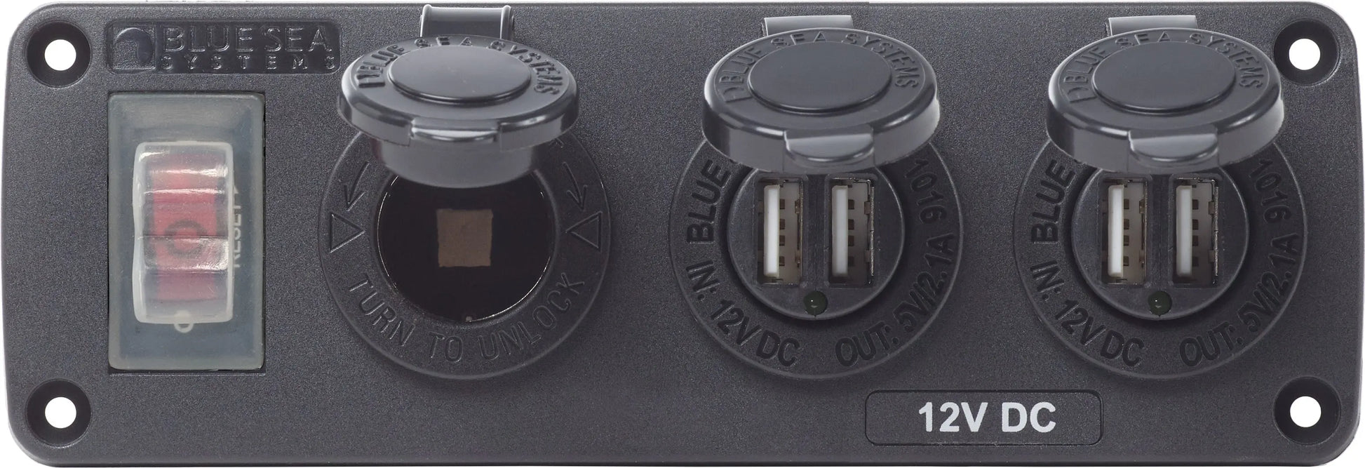 Blue Sea Systems Water-Resistant 12V 15A Circuit Accessory Panel with USB and 12V Socket - Model 4365-BSS