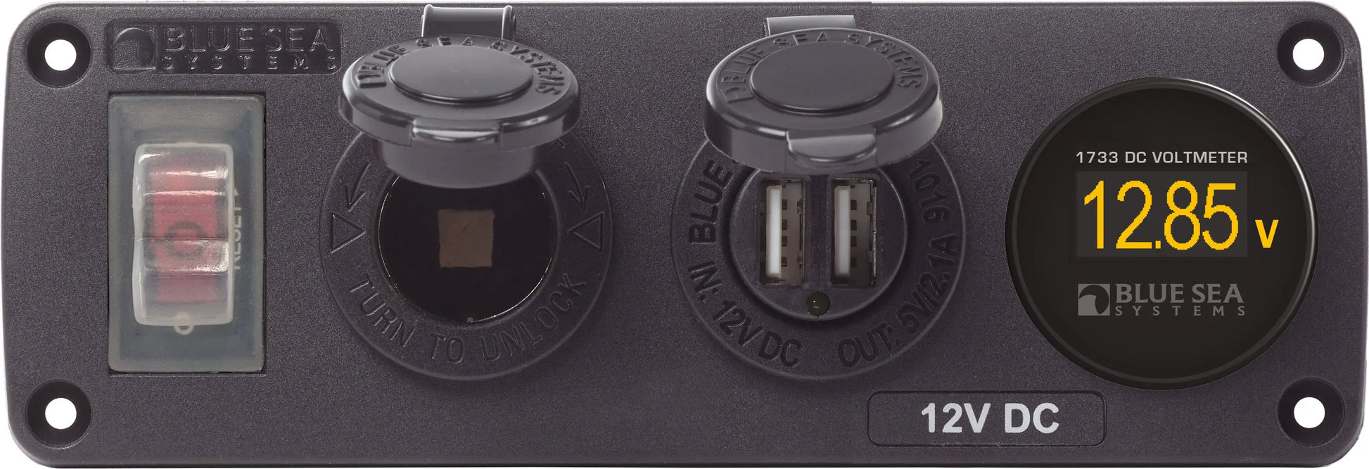 Blue Sea Systems Water-Resistant 12V 15A Circuit Accessory Panel with Dual USB Charger and Volt Meter - Model 4366-BSS
