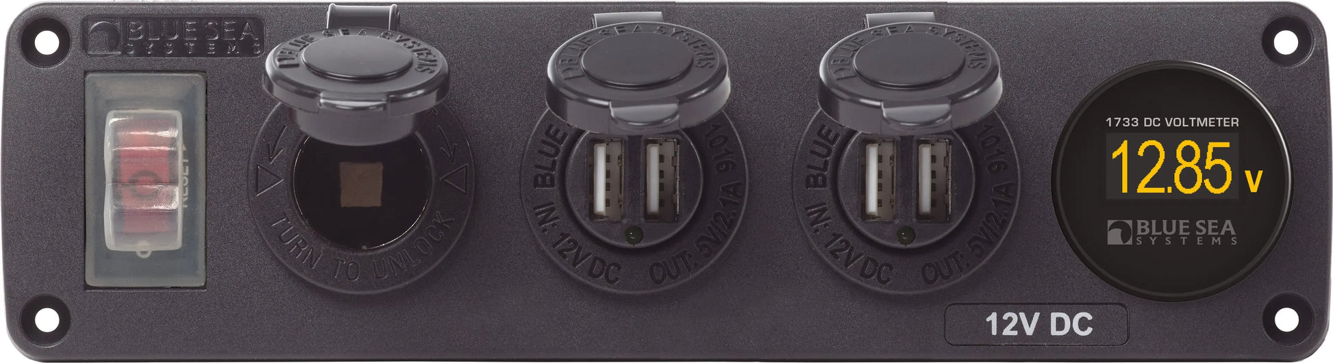 Blue Sea Systems Water-Resistant 12V Accessory Panel with Dual USB Chargers and Volt Meter - Part 4368-BSS