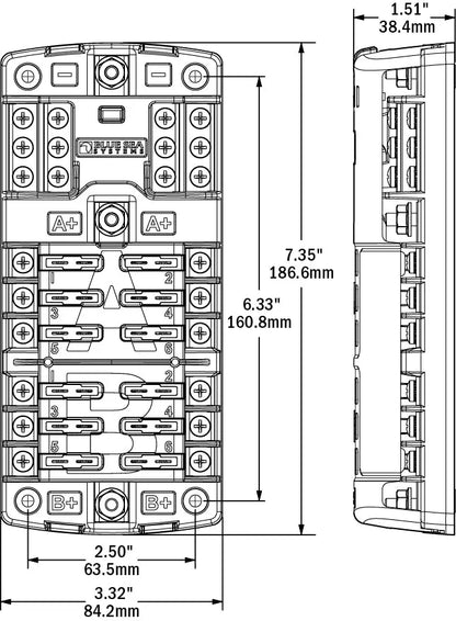 Blue Sea Systems 5032 12-Gang Split Bus Fuse Block with Cover and Negative Bus