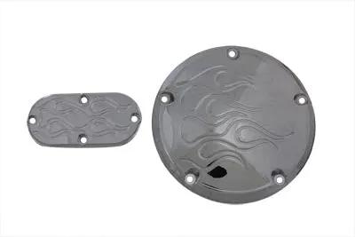 V-Twin 63184 Chrome 5-Hole Flame Derby and Inspection Oval Set for Harley Davidson FXST by V-Twin