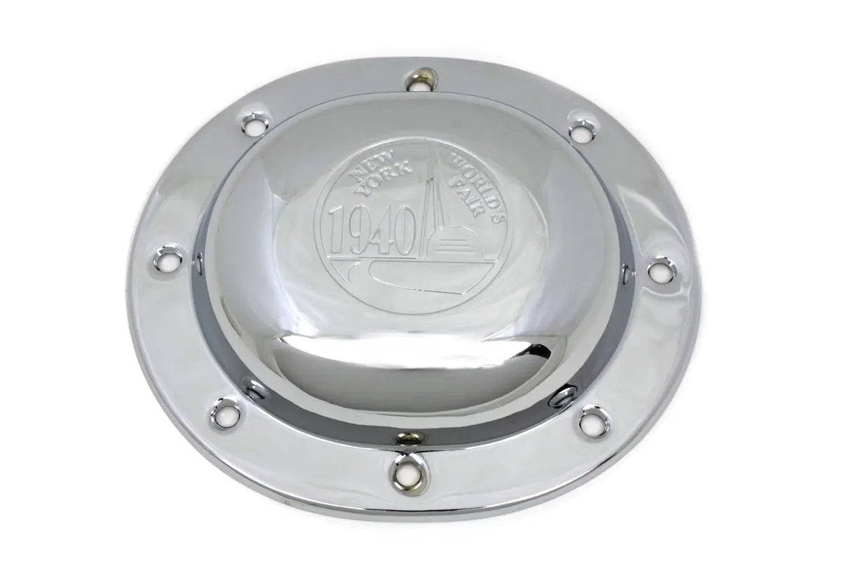 V-Twin Chrome Derby Cover with 1940 World's Fair Logo for Harley Davidson EL & FL Models - Part #14012D by V-Twin