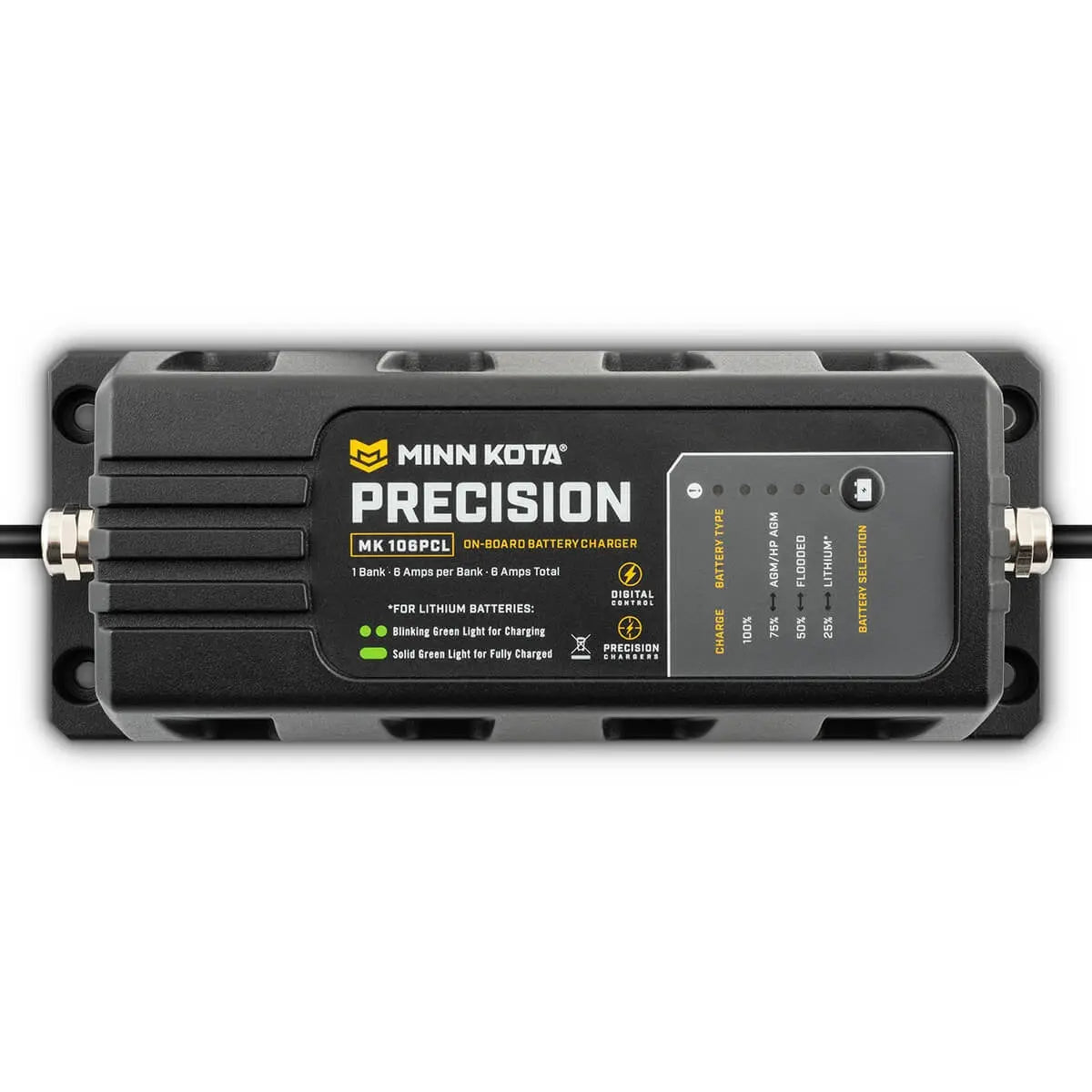Minn Kota MK106PCL Precision Charger 1 Bank 6 Amps - On-Board Waterproof Battery Charger for 12V Lithium, AGM, and Flooded Lead Acid Batteries