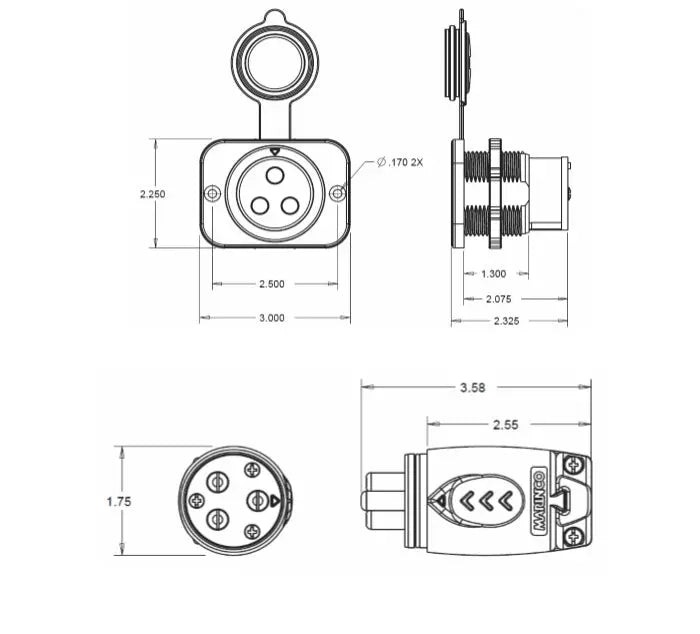 Marinco 12VCPS3 70A Trolling Motor Plug and Receptacle for Marine Use