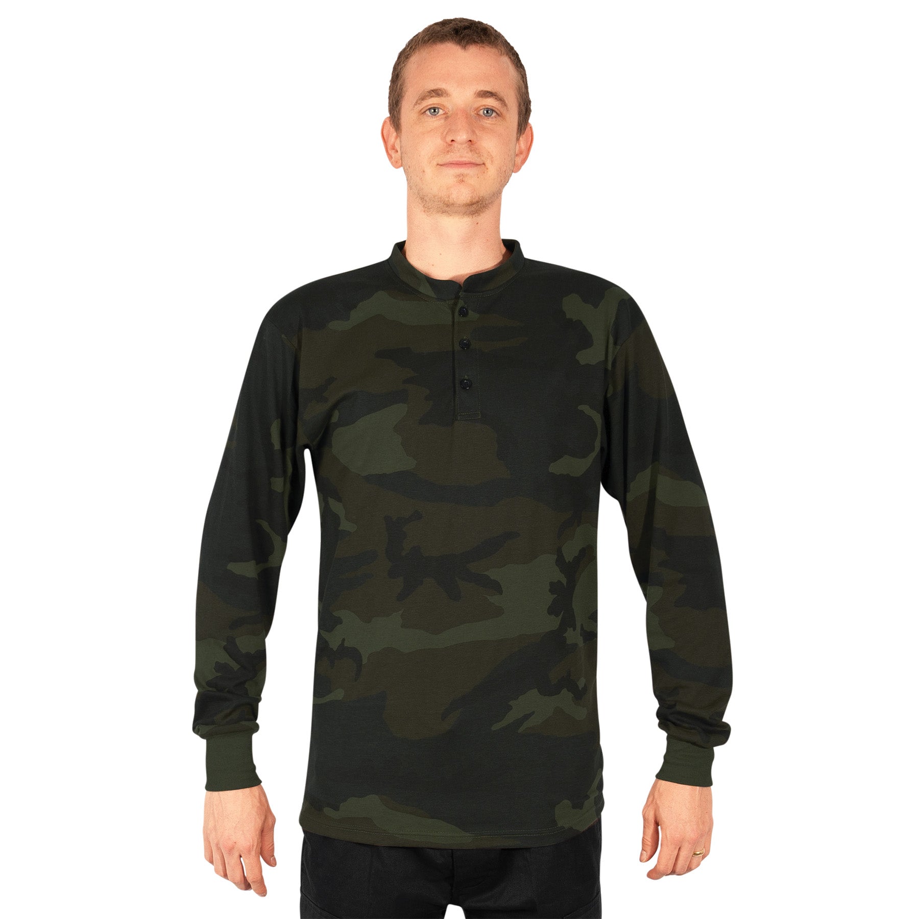 Rothco Long Sleeve Henley T-Shirt in Midnight Woodland Camo – Size Large