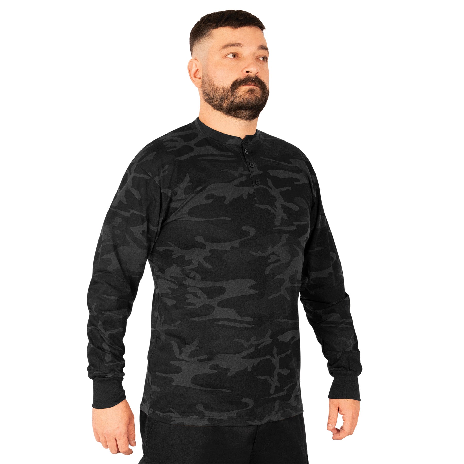 Rothco Long Sleeve Henley T-Shirt in Midnight Black Camo – Size 2XL