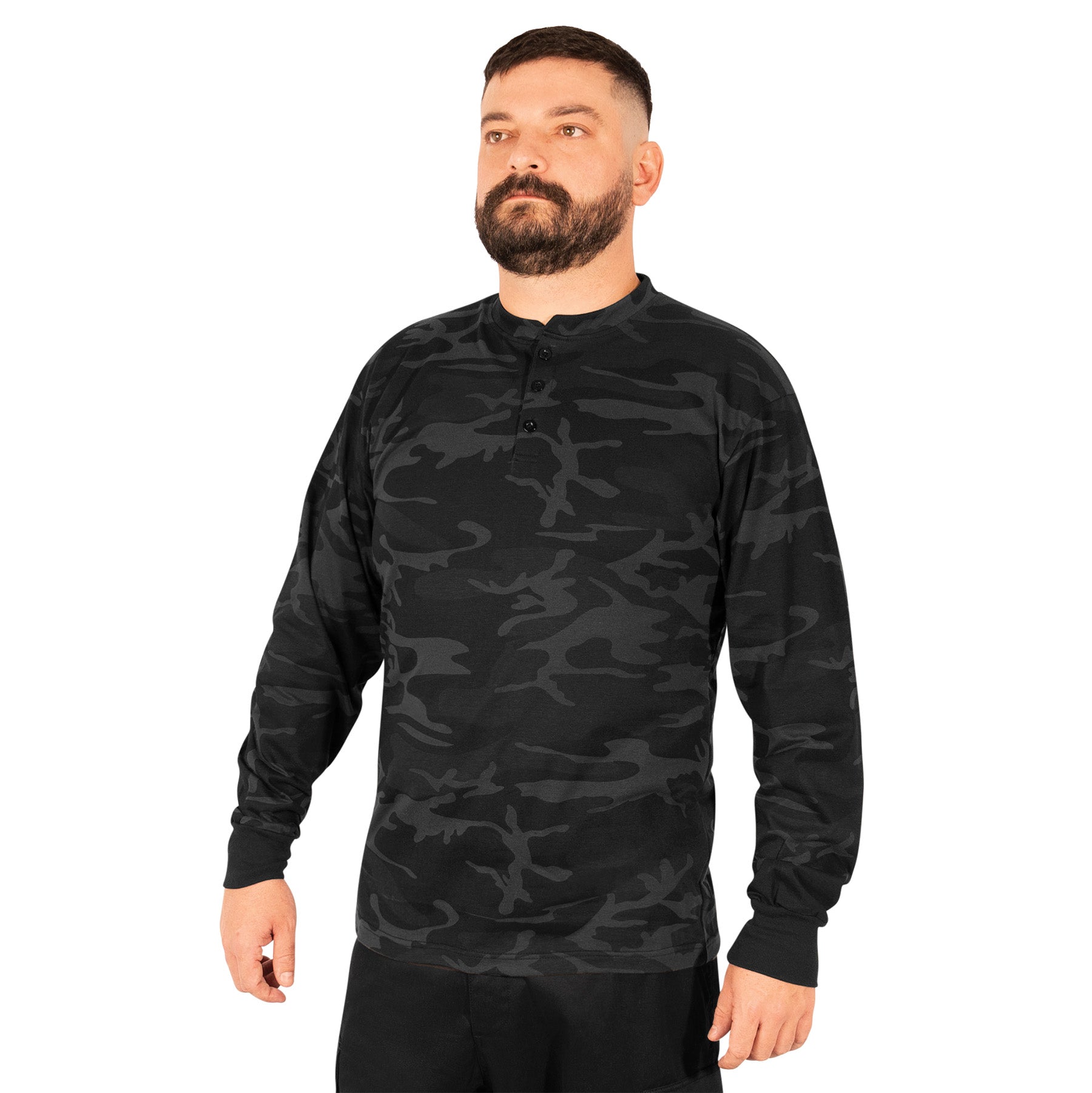 Rothco Long Sleeve Henley T-Shirt in Midnight Black Camo – Size 2XL