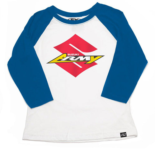 Factory Effex Suzuki Army Youth Baseball Shirt in Royal-White - Size Small