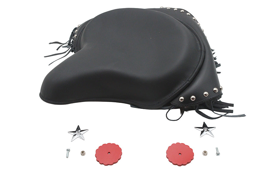 V-Twin Factory Sample Black Deluxe Solo Seat with Fringe Skirt for Harley Davidson Models