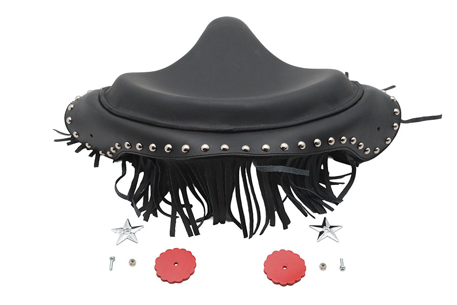 V-Twin Factory Sample Black Deluxe Solo Seat with Fringe Skirt for Harley Davidson Models