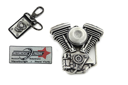 V-Twin Mens Evolution Engine Belt Buckle and Leather Key Fob Set
