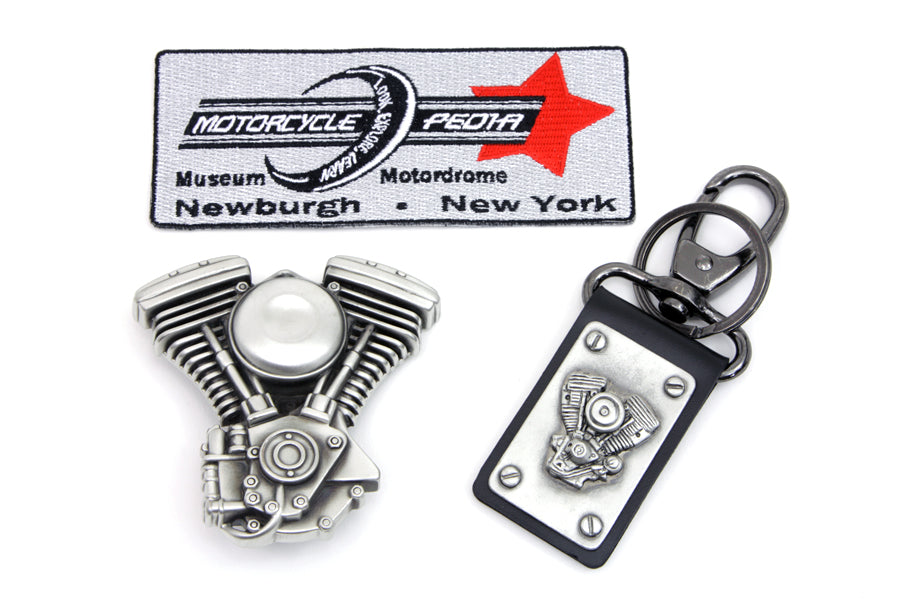 V-Twin Mens Evolution Engine Belt Buckle and Leather Key Fob Set