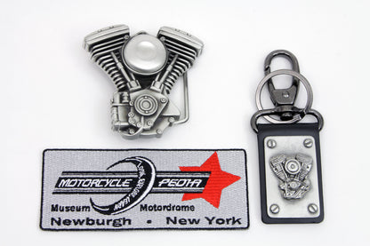 V-Twin Mens Evolution Engine Belt Buckle and Leather Key Fob Set