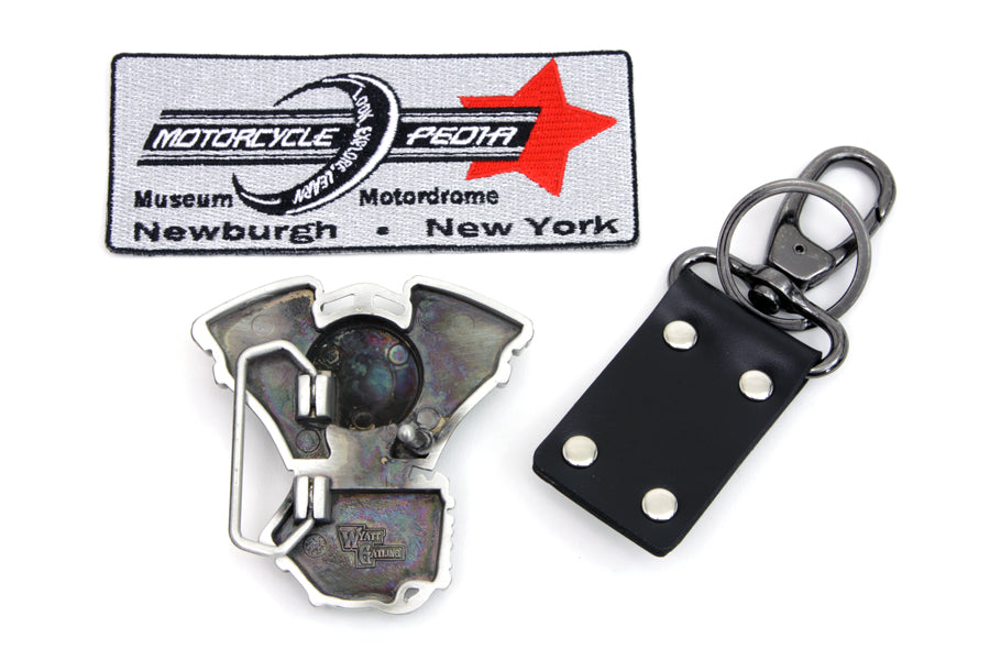 V-Twin Mens Evolution Engine Belt Buckle and Leather Key Fob Set