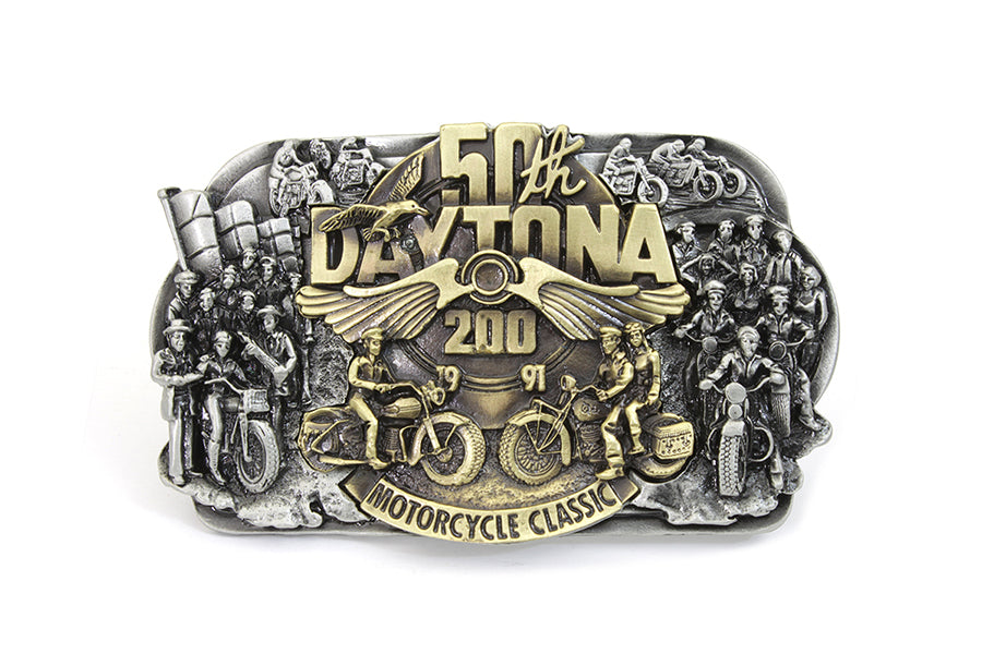 V-Twin 50th Daytona Belt Buckle - Retro Reproduction of 1980s and 1990s Style Pewter Metal Buckle