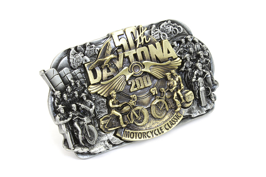 V-Twin 50th Daytona Belt Buckle - Retro Reproduction of 1980s and 1990s Style Pewter Metal Buckle