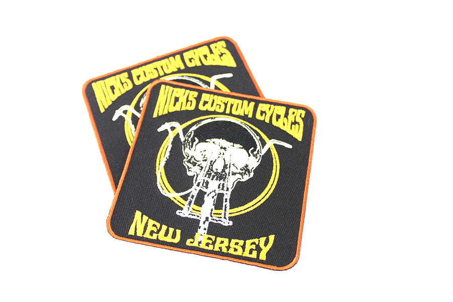 V-Twin Nick's Custom Cycle NJ Patch Set - Vintage Style Oilzum and Drain Oil Patches, 3.5 Inches Wide