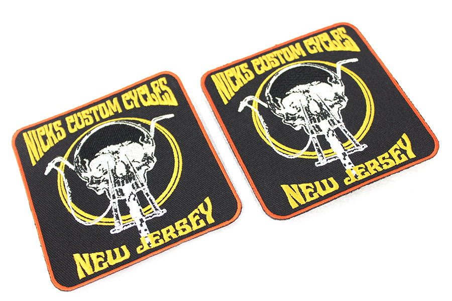 V-Twin Nick's Custom Cycle NJ Patch Set - Vintage Style Oilzum and Drain Oil Patches, 3.5 Inches Wide
