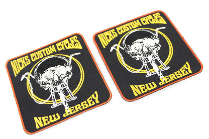 V-Twin Nick's Custom Cycle NJ Patch Set - Vintage Style Oilzum and Drain Oil Patches, 3.5 Inches Wide
