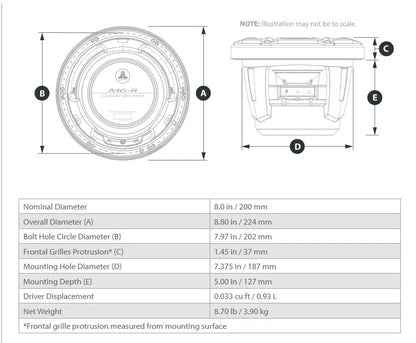 JL Audio M6 8in Subwoofer with White Sport Grille Infinite Baffle, RGB LED