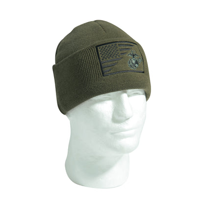 Rothco USMC Eagle, Globe and Anchor and US Flag Deluxe Knit Watch Cap - Olive Drab