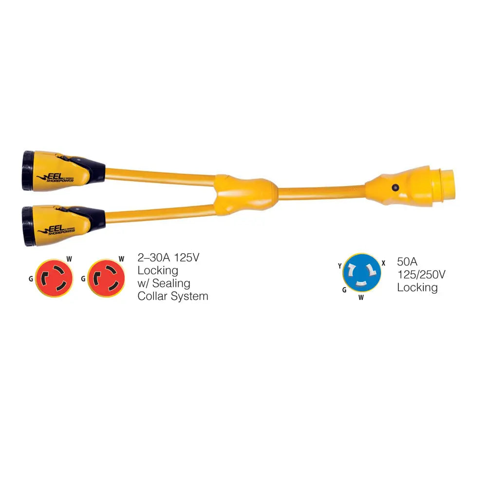 Marinco Y504-2-30 EEL Y Adapter with Sealing Collars - 30A Female to 50A Male Marine Power Cord Connector