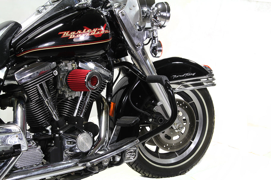 V-Twin Black Front Engine Bar with Footpeg Pads for Harley Davidson FLT Models