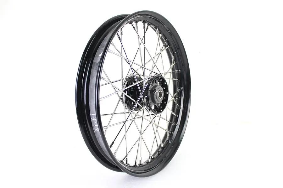 V-Twin 18 Inch x 2.15 Inch KH Type Front or Rear Wheel with Black Star Hub and Polished Stainless Steel Spokes by V-Twin