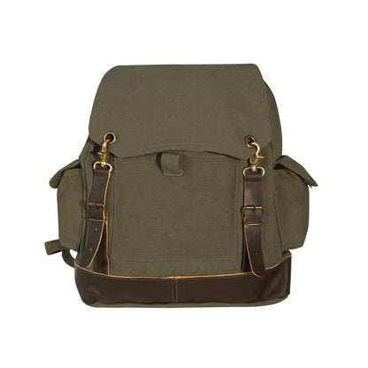 Rothco Vintage Expedition Rucksack Olive Drab - Durable Canvas Backpack with Leather Accents