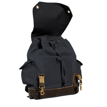 Rothco Vintage Expedition Rucksack Black - Durable Canvas Backpack with Leather Accents