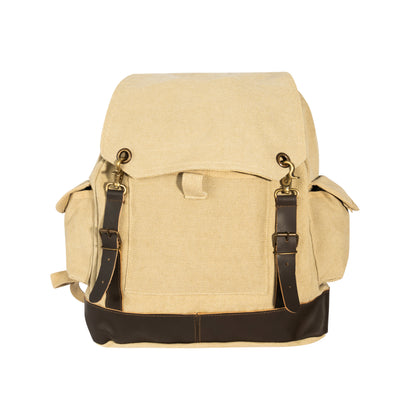 Rothco Vintage Expedition Rucksack Khaki - Durable Canvas Backpack with Leather Accents