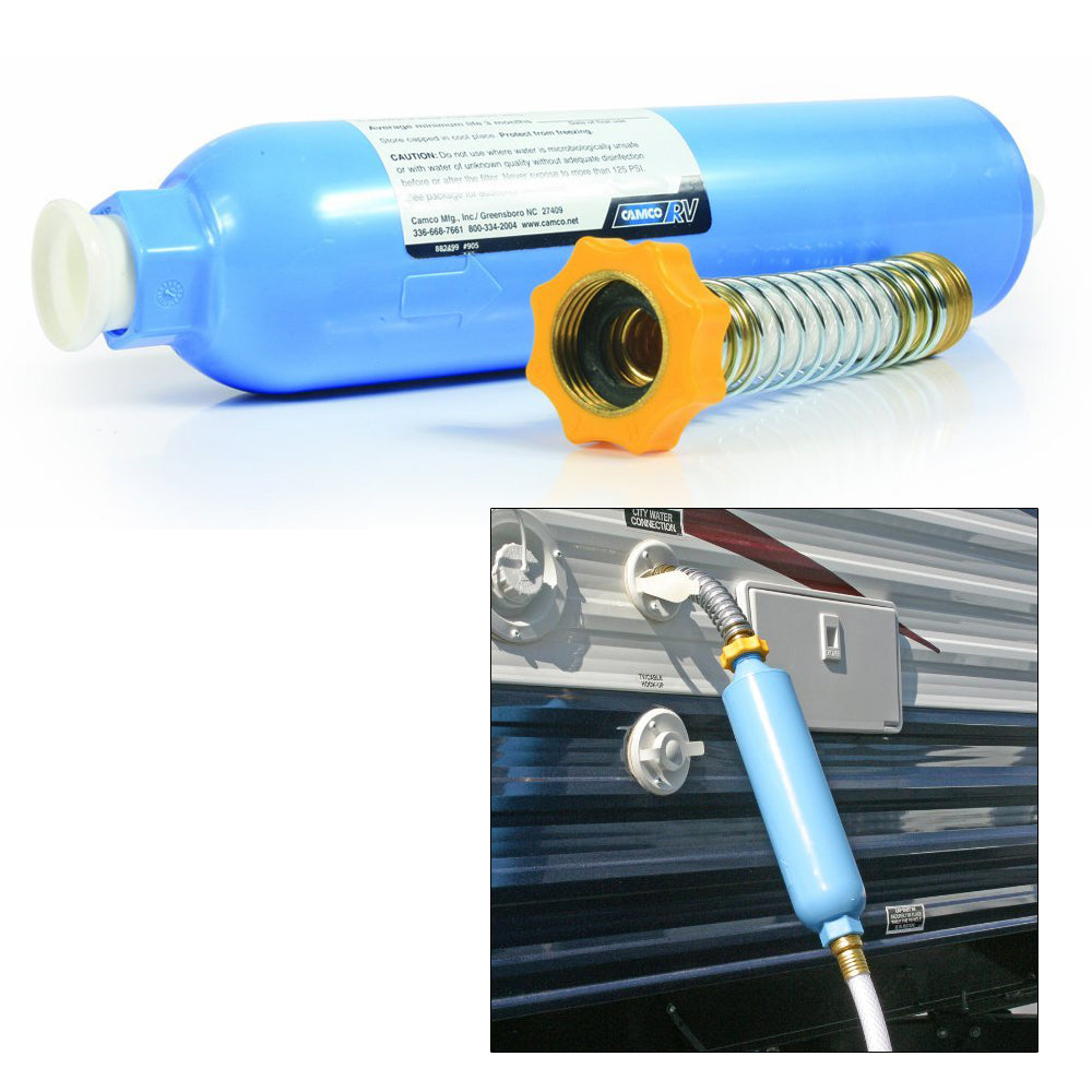 Camco TastePURE KDF/Carbon Water Filter with Flexible Hose Protector for RVs