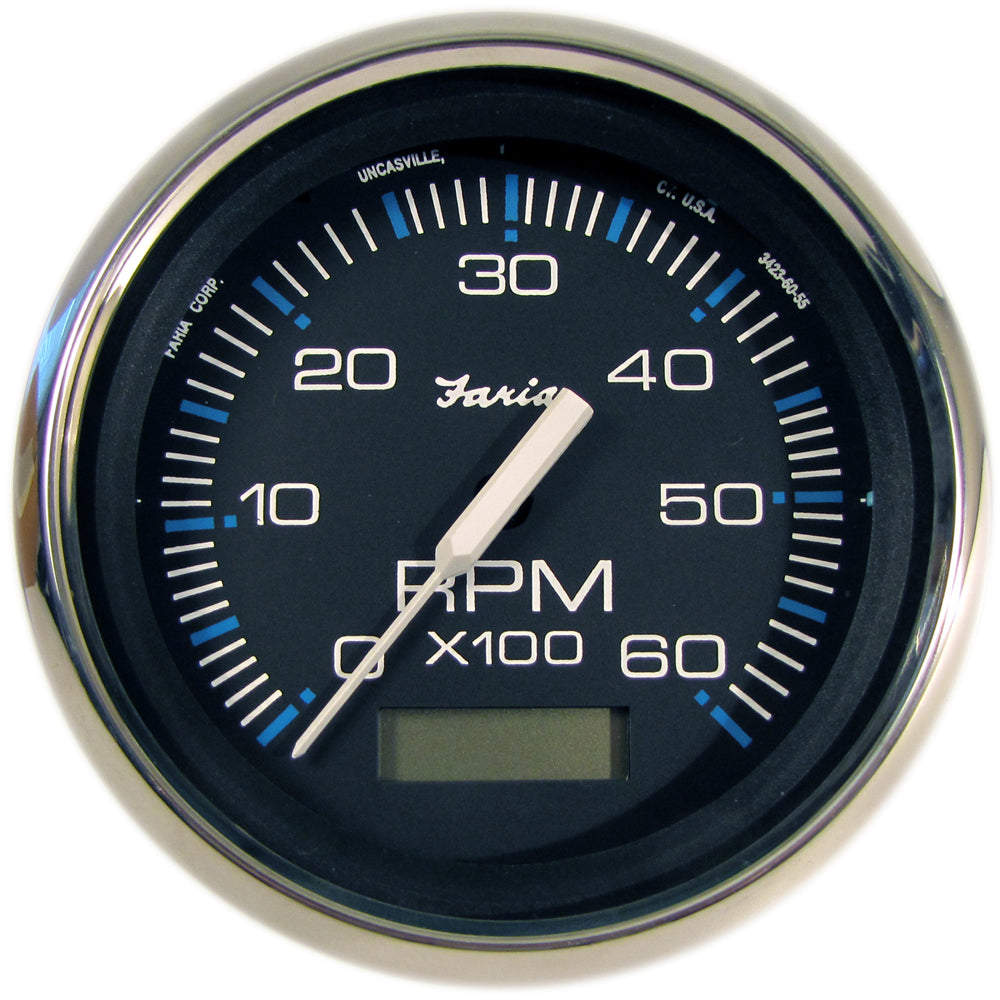Faria Chesapeake Black 4-Inch Tachometer with Hourmeter - 6000 RPM for Inboard Gas Engines