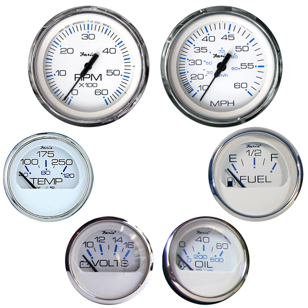 Faria Beede Instruments Chesapeake White SS Inboard Motor Gauge Set - 6 Gauge Boxed Set