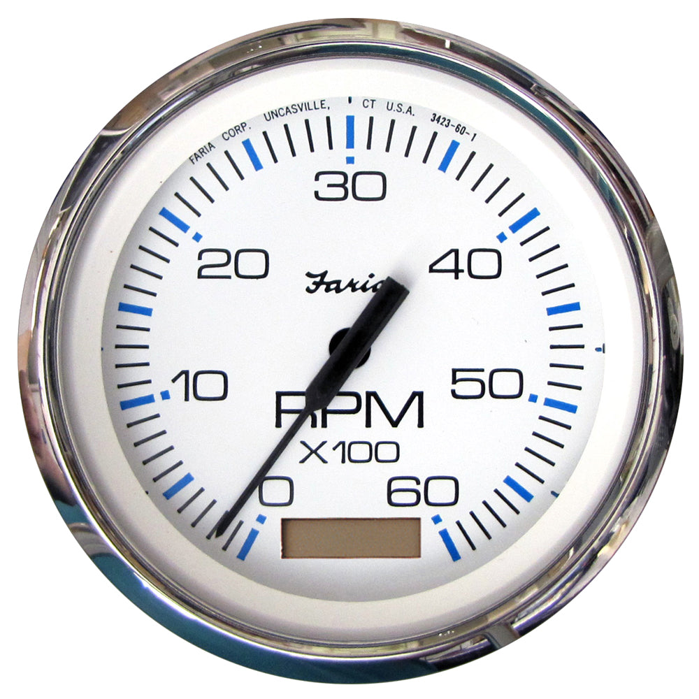 Faria Beede Instruments Chesapeake White SS 4-Inch Tachometer with Hourmeter for Inboard Gas Engines - 6000 RPM