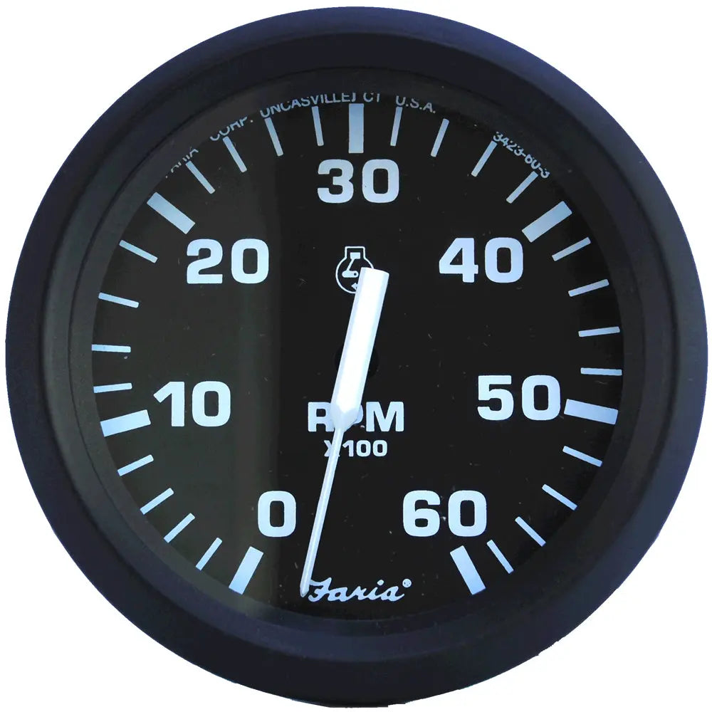 Faria Beede Instruments Euro Black 4-Inch Tachometer - 6,000 RPM for Gas Inboard & I/O Engines