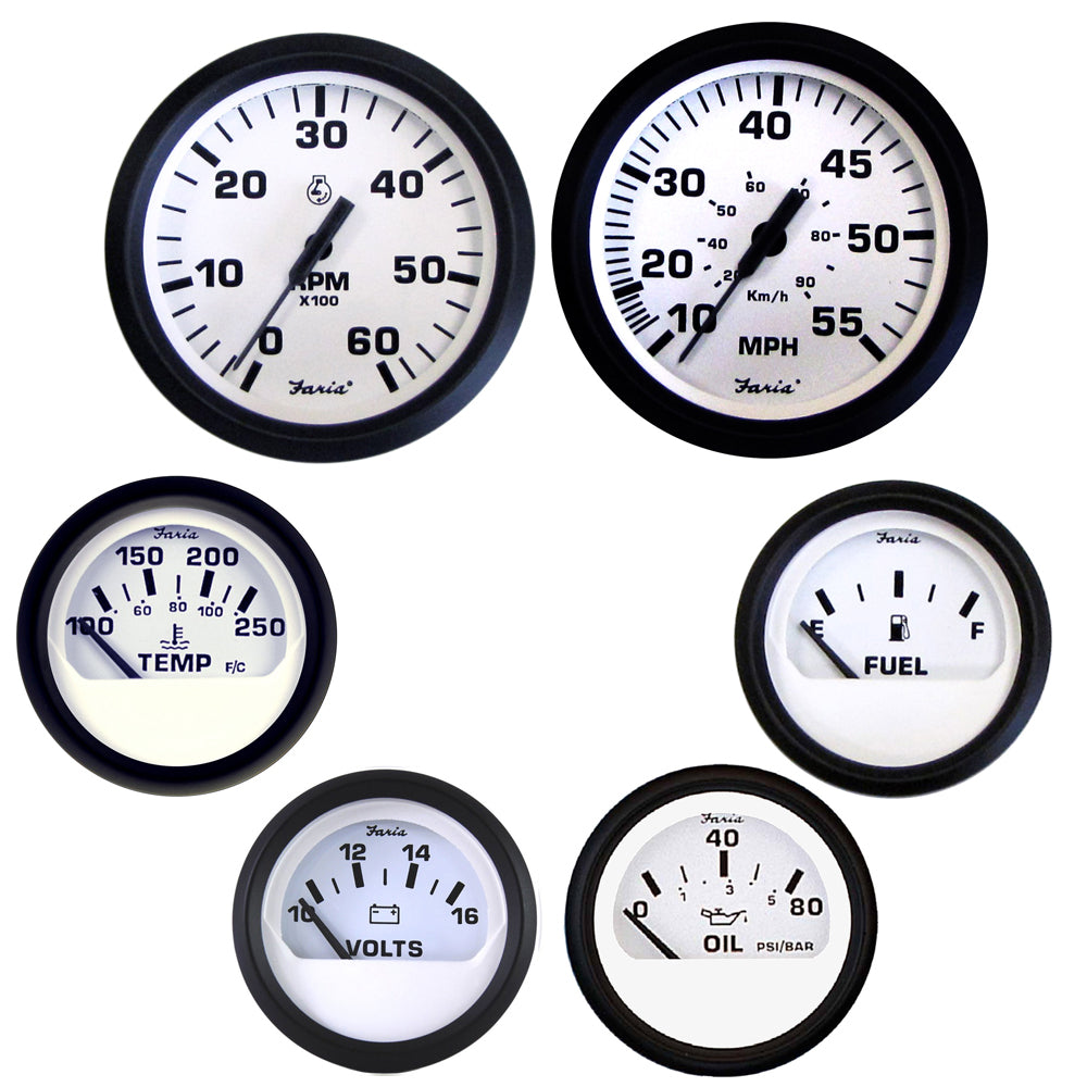 Faria Beede Instruments Euro White Boxed Set for Inboard Motors – Complete 6-Gauge Marine Instrument Panel