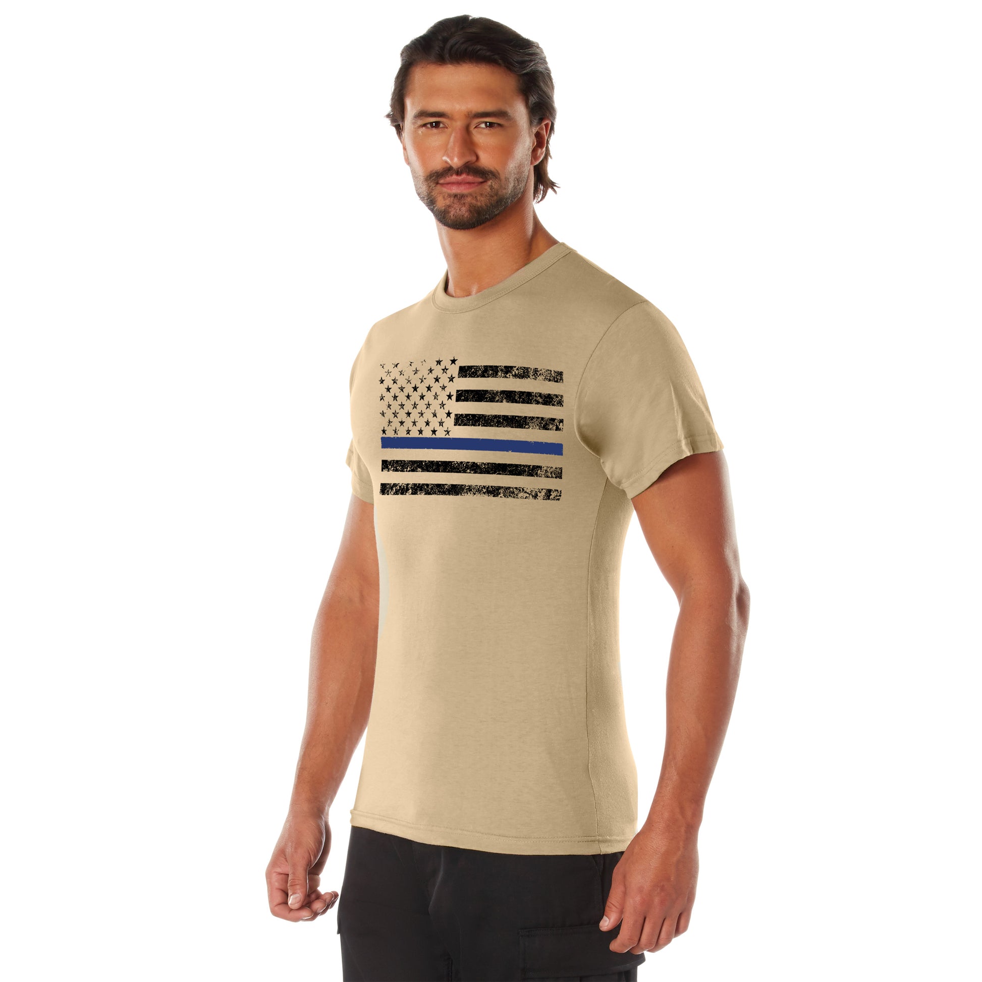 Rothco Thin Blue Line T-Shirt in Desert Sand with Black Flag, Size 2XL