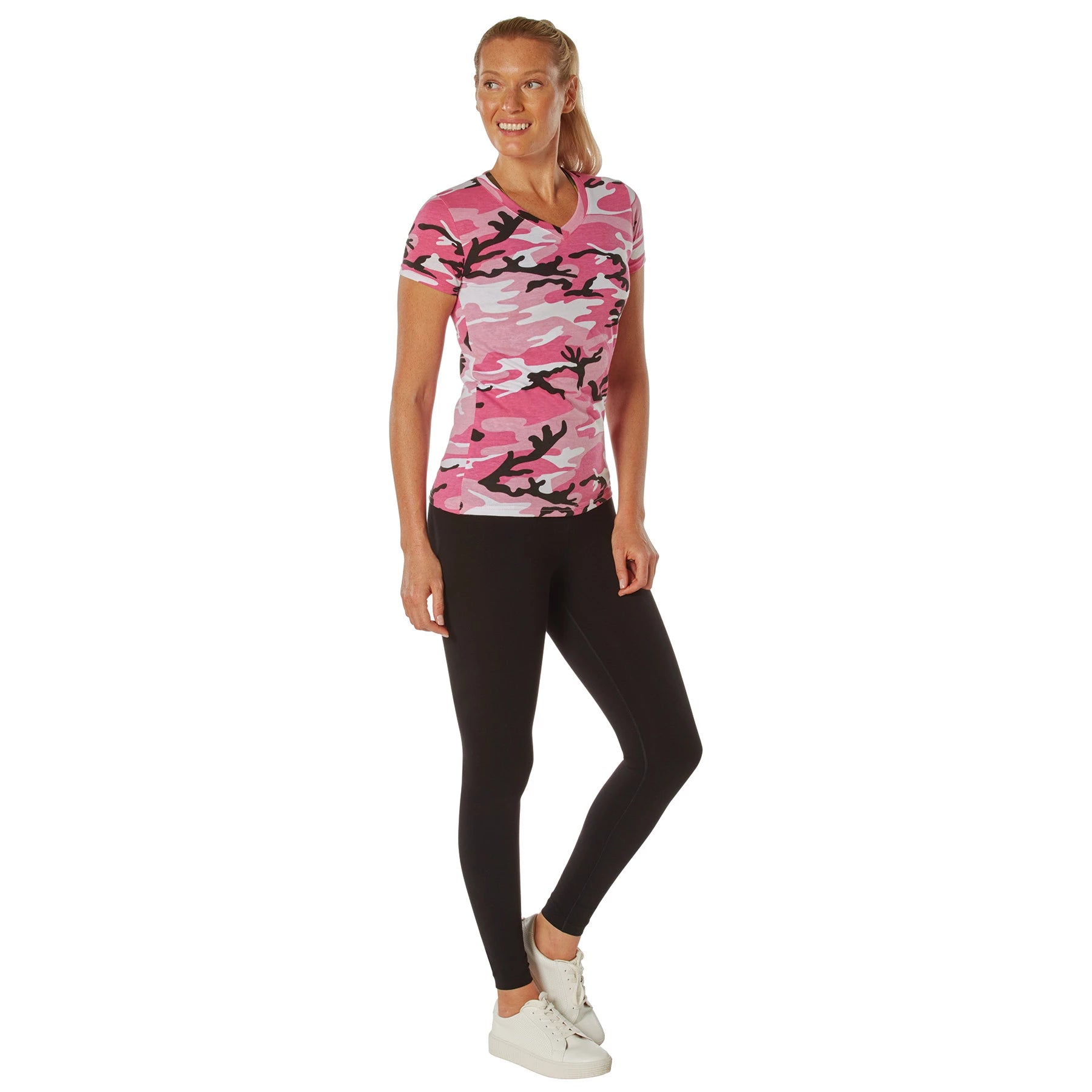 Rothco Women's Long Length Camo V-Neck T-Shirt in Pink Camo, Size M