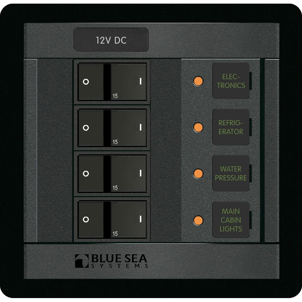 Blue Sea Systems 1216 12V DC 4-Position Switch Panel with Circuit Breakers and Labels