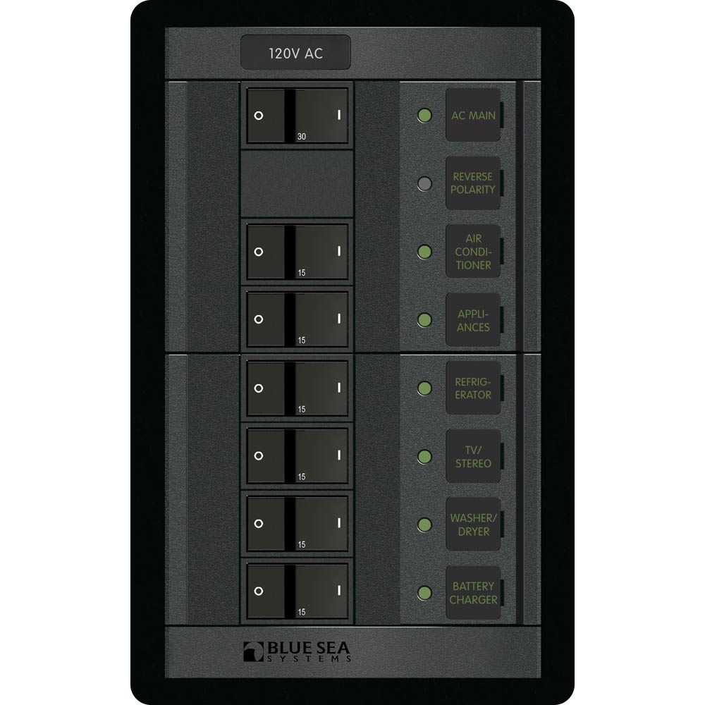 Blue Sea Systems 1202 120V AC Main with 6 Positions Vertical Panel with Backlit Labels